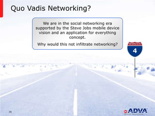Quo Vadis Networking?

           We are in the social networking era
       supported by the Steve Jobs mobile device
         vision and an application for everything
                        concept.
       Why would this not infiltrate networking?
                                                                       4




35              © 2013 ADVA Optical Networking. All rights reserved.
 