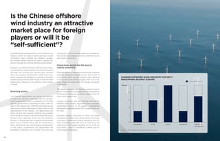 Is the Chinese offshore
wind industry an attractive
market place for foreign
players or will it be
“self-sufficient”?
Considering the developments in the onshore wind
industry where low feed-in tariffs and lack of grid
connection have curtailed the industry’s growth,
we foresee market entrants to have a cautious ap-
proach towards the Chinese offshore wind market.
However, we believe that the offshore wind indus-
try will develop independently of onshore wind and
will take into account the learning from onshore
wind. Also, players would need to chalk out a mea-
sured strategy and develop co-operative business
models along with the right timing to maximise the
opportunity offered by the offshore wind market
in China.
Evolving policy
The Chinese government has shown its intention
to make this industry sustainable. Recent develop-
ments indicate that there is a cognisance of this fact
and the government is evolving its policy with re-
gard to the supply chain. Offshore wind has recently
been given priority status and it augurs well for the
development of the industry. The government has
taken the first step towards rectifying the problem
of low tariffs by trying to discover benchmark prices
through direct approvals rather than the tendering
process. It is expected that competitive benchmark
prices (as in onshore wind) will be introduced to
allow investments and technological development
in this sector. Furthermore, the government has
extended its learning from onshore wind and has
introduced a grid connection approval mandate be-
fore construction begins to avoid curtailment due to
lack of grid connection.
Know-how would be the key to
unlock potential
Offshore wind is a capital and technology-intensive
industry. Experience and know-how are pivotal to
successfully build out the offshore wind capacity
in China, and since China’s supply chain is at a na-
scent stage, the opportunity for foreign companies
is immense.
The figure compares the Chinese maturity level in
terms of experience and quality of service/products
to European companies at various stages of the off-
shore wind supply chain.
Chinese companies that are currently servicing the
offshore wind industry lag behind their European
counterparts mainly at the project management
(developer), foundation and WTG stages of the val-
ue chain.
European players’ know-how in terms of project
management, design and sophisticated technology
of the key components is highly desired by the Chi-
nese companies, especially since a majority of the
construction will happen between 10 km to 30 km
from shore – which is considered a sweet spot for
the European developers.
CHINESE OFFSHORE WIND INDUSTRY MATURITY
BENCHMARK AGAINST EUROPE
Source:	 MEC Intelligence analysis; Quartz+Co analysis
China maturity level
Developers
0
1
2
3
4
5
FoundationCablesWTGs Installation
and logistics
On par
34
 