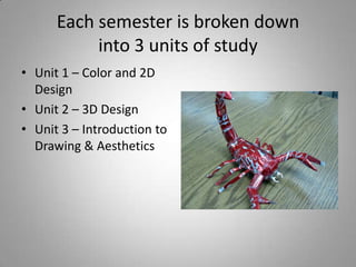 Each semester is broken down
into 3 units of study
• Unit 1 – Color and 2D
Design
• Unit 2 – 3D Design
• Unit 3 – Introduc...