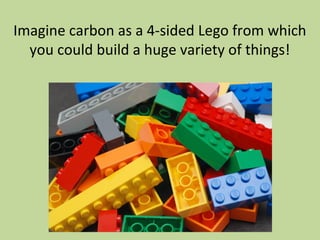 Imagine carbon as a 4-sided Lego from which
you could build a huge variety of things!
 