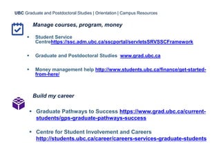 Manage courses, program, money
 Student Service
Centrehttps://ssc.adm.ubc.ca/sscportal/servletsSRVSSCFramework
 Graduate and Postdoctoral Studies www.grad.ubc.ca
 Money management help http://www.students.ubc.ca/finance/get-started-
from-here/
UBC Graduate and Postdoctoral Studies | Orientation | Campus Resources
 Graduate Pathways to Success https://www.grad.ubc.ca/current-
students/gps-graduate-pathways-success
 Centre for Student Involvement and Careers
http://students.ubc.ca/career/careers-services-graduate-students
Build my career
 