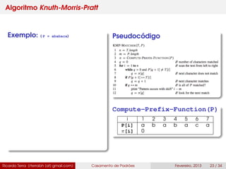 Algoritmo Knuth-Morris-Pratt
Exemplo: ( P = ababaca) Pseudocódigo
Compute-Prefix-Function(P)
i 1 2 3 4 5 6 7
P[i] a b a b a c a
π[i] 0
Ricardo Terra (rterrabh [at] gmail.com) Casamento de Padrões Fevereiro, 2013 23 / 34
 