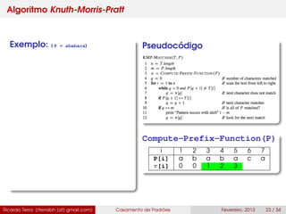 Algoritmo Knuth-Morris-Pratt
Exemplo: ( P = ababaca) Pseudocódigo
Compute-Prefix-Function(P)
i 1 2 3 4 5 6 7
P[i] a b a b a c a
π[i] 0 0 1 2 3
Ricardo Terra (rterrabh [at] gmail.com) Casamento de Padrões Fevereiro, 2013 23 / 34
 