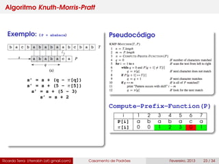 Algoritmo Knuth-Morris-Pratt
Exemplo: ( P = ababaca)
s’ = s + (q - π[q])
s’ = s + (5 - π[5])
s’ = s + (5 - 3)
s’ = s + 2
Pseudocódigo
Compute-Prefix-Function(P)
i 1 2 3 4 5 6 7
P[i] a b a b a c a
π[i] 0 0 1 2 3 0 1
Ricardo Terra (rterrabh [at] gmail.com) Casamento de Padrões Fevereiro, 2013 23 / 34
 