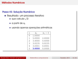 Métodos Numéricos
Passo #3: Solução Numérica
Resultado: um processo iterativo
que calcula
√
a
a partir de x0
usando apenas operações aritméticas
i xi xi − 3
0 1.0000
1 5.0000 2.0000
2 3.4000 0.4000
3 3.0235 0.0235
4 3.0001 0.0001
5 3.0000 0.0000
Ricardo Terra (rterrabh [at] gmail.com) Matemática computacional Fevereiro, 2013 14 / 46
 