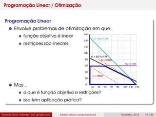 Programação Linear / Otimização
Programação Linear
Envolve problemas de otimização em que:
função objetivo é linear
restrições são lineares
Mas...
o que é função objetivo e restrições?
isso tem aplicação prática?
Ricardo Terra (rterrabh [at] gmail.com) Matemática computacional Fevereiro, 2013 19 / 46
 