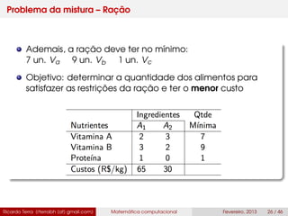 Problema da mistura – Ração
Ademais, a ração deve ter no mínimo:
7 un. Va 9 un. Vb 1 un. Vc
Objetivo: determinar a quantidade dos alimentos para
satisfazer as restrições da ração e ter o menor custo
Ricardo Terra (rterrabh [at] gmail.com) Matemática computacional Fevereiro, 2013 26 / 46
 