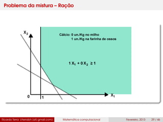 Problema da mistura – Ração
Ricardo Terra (rterrabh [at] gmail.com) Matemática computacional Fevereiro, 2013 29 / 46
 