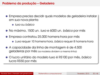 Problema da produção – Geladeira
Empresa precisa decidir quais modelos de geladeira instalar
em sua nova planta
luxo ou básico
No máximo, 1500 un. luxo e 6000 un. básico por mês
Empresa contratou 25.000 homens-hora por mês
Luxo requer 10 homens-hora, básico requer 8 homens-hora
A capacidade da linha de montagem é de 4.500
geladeiras por mês (os modelos dividem a mesma linha)
O lucro unitário do modelo luxo é R$100 por mês, básico
lucra R$50 por mês
Ricardo Terra (rterrabh [at] gmail.com) Matemática computacional Fevereiro, 2013 35 / 46
 