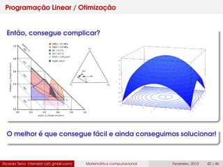 Programação Linear / Otimização
Então, consegue complicar?
O melhor é que consegue fácil e ainda conseguimos solucionar!
Ricardo Terra (rterrabh [at] gmail.com) Matemática computacional Fevereiro, 2013 42 / 46
 