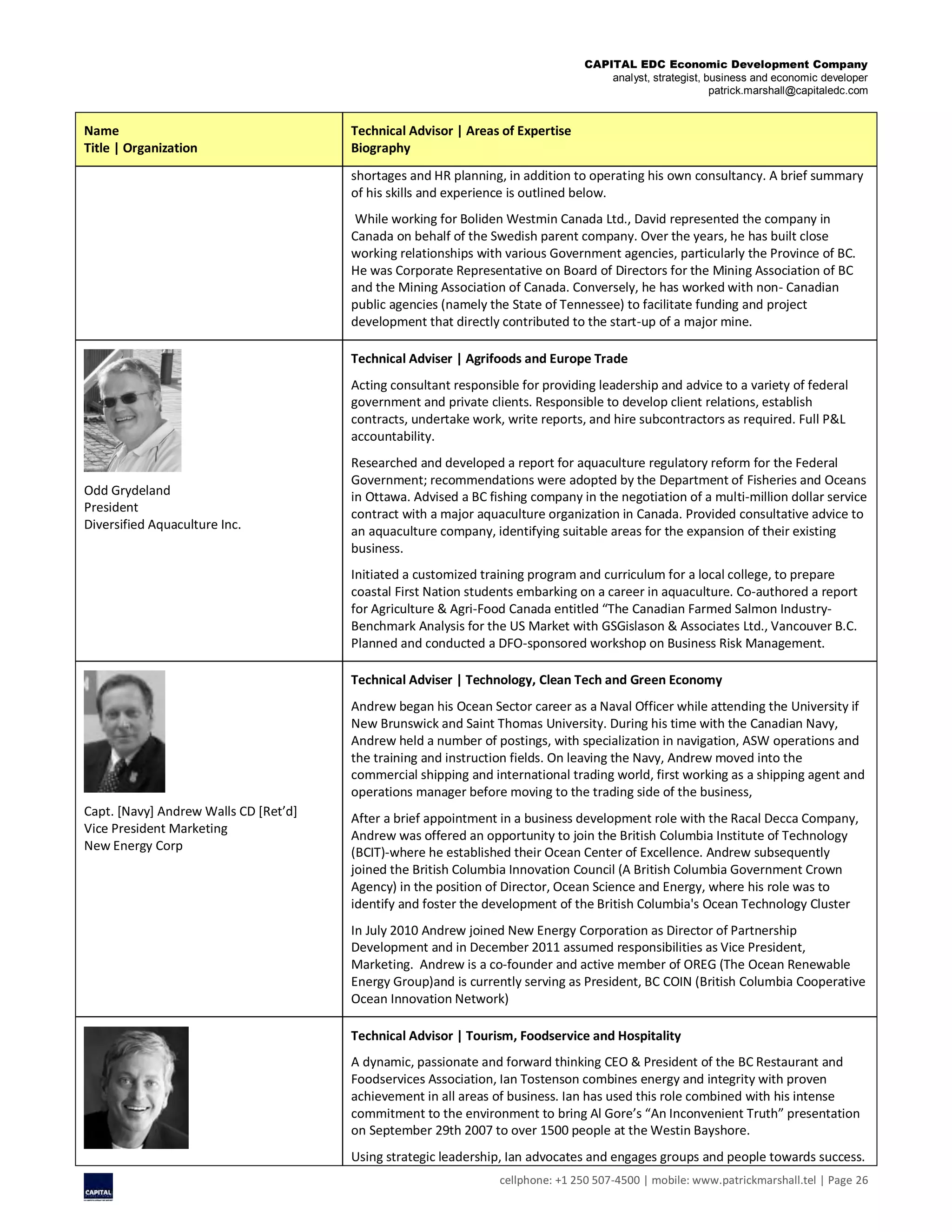 CAPITAL EDC Economic Development Company
analyst, strategist, business and economic developer
patrick.marshall@capitaledc.com
cellphone: +1 250 507-4500 | mobile: www.patrickmarshall.tel | Page 26
Name
Title | Organization
Technical Advisor | Areas of Expertise
Biography
shortages and HR planning, in addition to operating his own consultancy. A brief summary
of his skills and experience is outlined below.
While working for Boliden Westmin Canada Ltd., David represented the company in
Canada on behalf of the Swedish parent company. Over the years, he has built close
working relationships with various Government agencies, particularly the Province of BC.
He was Corporate Representative on Board of Directors for the Mining Association of BC
and the Mining Association of Canada. Conversely, he has worked with non- Canadian
public agencies (namely the State of Tennessee) to facilitate funding and project
development that directly contributed to the start-up of a major mine.
Odd Grydeland
President
Diversified Aquaculture Inc.
Technical Adviser | Agrifoods and Europe Trade
Acting consultant responsible for providing leadership and advice to a variety of federal
government and private clients. Responsible to develop client relations, establish
contracts, undertake work, write reports, and hire subcontractors as required. Full P&L
accountability.
Researched and developed a report for aquaculture regulatory reform for the Federal
Government; recommendations were adopted by the Department of Fisheries and Oceans
in Ottawa. Advised a BC fishing company in the negotiation of a multi-million dollar service
contract with a major aquaculture organization in Canada. Provided consultative advice to
an aquaculture company, identifying suitable areas for the expansion of their existing
business.
Initiated a customized training program and curriculum for a local college, to prepare
coastal First Nation students embarking on a career in aquaculture. Co-authored a report
for Agriculture & Agri-Food Canada entitled “The Canadian Farmed Salmon Industry-
Benchmark Analysis for the US Market with GSGislason & Associates Ltd., Vancouver B.C.
Planned and conducted a DFO-sponsored workshop on Business Risk Management.
Capt. [Navy] Andrew Walls CD [Ret’d]
Vice President Marketing
New Energy Corp
Technical Adviser | Technology, Clean Tech and Green Economy
Andrew began his Ocean Sector career as a Naval Officer while attending the University if
New Brunswick and Saint Thomas University. During his time with the Canadian Navy,
Andrew held a number of postings, with specialization in navigation, ASW operations and
the training and instruction fields. On leaving the Navy, Andrew moved into the
commercial shipping and international trading world, first working as a shipping agent and
operations manager before moving to the trading side of the business,
After a brief appointment in a business development role with the Racal Decca Company,
Andrew was offered an opportunity to join the British Columbia Institute of Technology
(BCIT)-where he established their Ocean Center of Excellence. Andrew subsequently
joined the British Columbia Innovation Council (A British Columbia Government Crown
Agency) in the position of Director, Ocean Science and Energy, where his role was to
identify and foster the development of the British Columbia's Ocean Technology Cluster
In July 2010 Andrew joined New Energy Corporation as Director of Partnership
Development and in December 2011 assumed responsibilities as Vice President,
Marketing. Andrew is a co-founder and active member of OREG (The Ocean Renewable
Energy Group)and is currently serving as President, BC COIN (British Columbia Cooperative
Ocean Innovation Network)
Technical Advisor | Tourism, Foodservice and Hospitality
A dynamic, passionate and forward thinking CEO & President of the BC Restaurant and
Foodservices Association, Ian Tostenson combines energy and integrity with proven
achievement in all areas of business. Ian has used this role combined with his intense
commitment to the environment to bring Al Gore’s “An Inconvenient Truth” presentation
on September 29th 2007 to over 1500 people at the Westin Bayshore.
Using strategic leadership, Ian advocates and engages groups and people towards success.
 