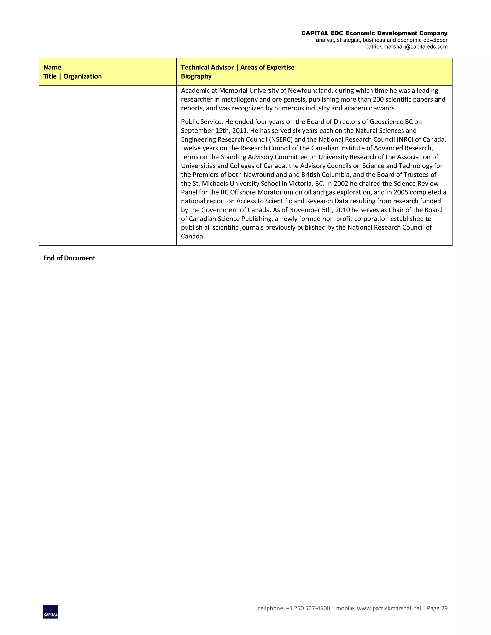CAPITAL EDC Economic Development Company
analyst, strategist, business and economic developer
patrick.marshall@capitaledc.com
cellphone: +1 250 507-4500 | mobile: www.patrickmarshall.tel | Page 29
Name
Title | Organization
Technical Advisor | Areas of Expertise
Biography
Academic at Memorial University of Newfoundland, during which time he was a leading
researcher in metallogeny and ore genesis, publishing more than 200 scientific papers and
reports, and was recognized by numerous industry and academic awards.
Public Service: He ended four years on the Board of Directors of Geoscience BC on
September 15th, 2011. He has served six years each on the Natural Sciences and
Engineering Research Council (NSERC) and the National Research Council (NRC) of Canada,
twelve years on the Research Council of the Canadian Institute of Advanced Research,
terms on the Standing Advisory Committee on University Research of the Association of
Universities and Colleges of Canada, the Advisory Councils on Science and Technology for
the Premiers of both Newfoundland and British Columbia, and the Board of Trustees of
the St. Michaels University School in Victoria, BC. In 2002 he chaired the Science Review
Panel for the BC Offshore Moratorium on oil and gas exploration, and in 2005 completed a
national report on Access to Scientific and Research Data resulting from research funded
by the Government of Canada. As of November 5th, 2010 he serves as Chair of the Board
of Canadian Science Publishing, a newly formed non-profit corporation established to
publish all scientific journals previously published by the National Research Council of
Canada
End of Document
 