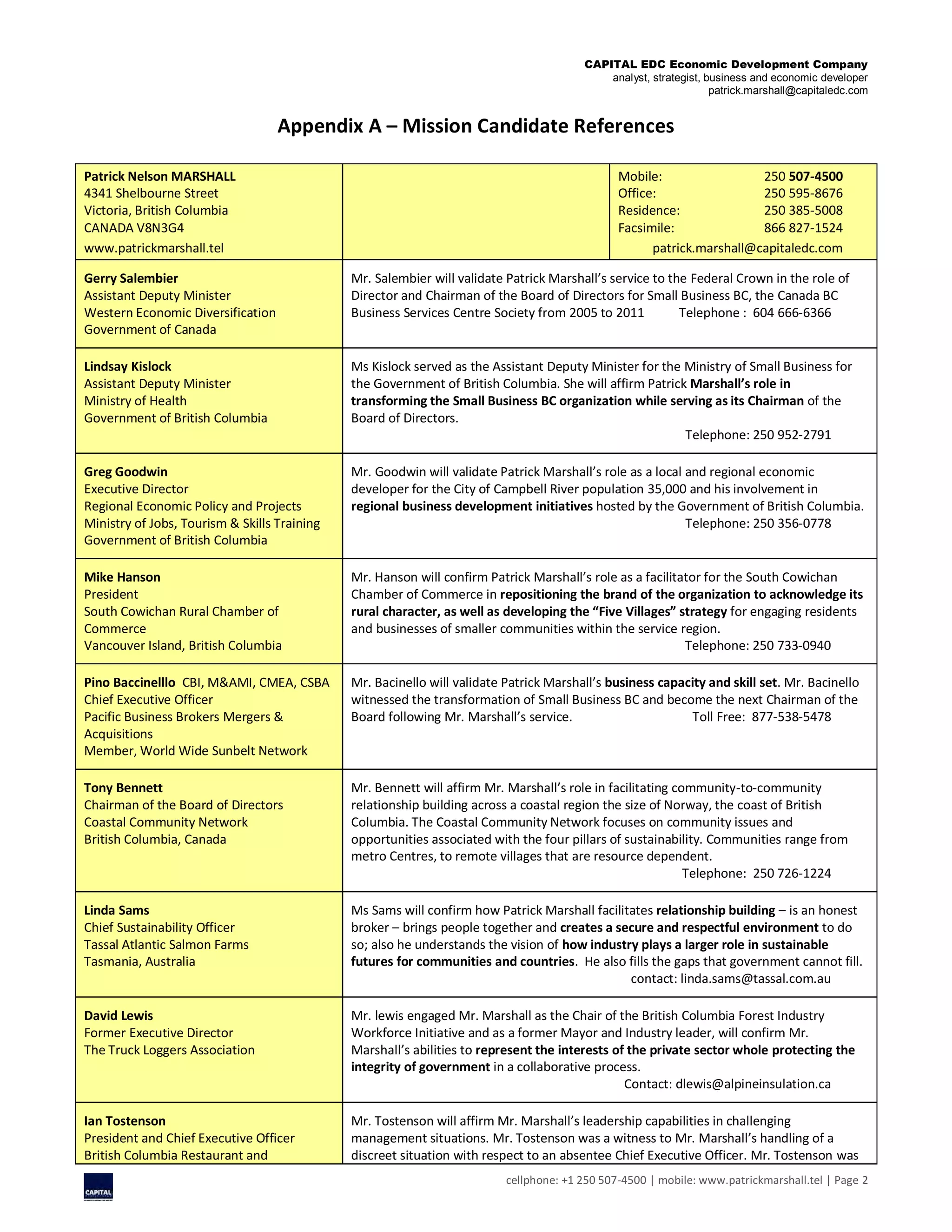 CAPITAL EDC Economic Development Company
analyst, strategist, business and economic developer
patrick.marshall@capitaledc.com
cellphone: +1 250 507-4500 | mobile: www.patrickmarshall.tel | Page 2
Appendix A – Mission Candidate References
Patrick Nelson MARSHALL
4341 Shelbourne Street
Victoria, British Columbia
CANADA V8N3G4
www.patrickmarshall.tel
Mobile: 250 507-4500
Office: 250 595-8676
Residence: 250 385-5008
Facsimile: 866 827-1524
patrick.marshall@capitaledc.com
Gerry Salembier
Assistant Deputy Minister
Western Economic Diversification
Government of Canada
Mr. Salembier will validate Patrick Marshall’s service to the Federal Crown in the role of
Director and Chairman of the Board of Directors for Small Business BC, the Canada BC
Business Services Centre Society from 2005 to 2011 Telephone : 604 666-6366
Lindsay Kislock
Assistant Deputy Minister
Ministry of Health
Government of British Columbia
Ms Kislock served as the Assistant Deputy Minister for the Ministry of Small Business for
the Government of British Columbia. She will affirm Patrick Marshall’s role in
transforming the Small Business BC organization while serving as its Chairman of the
Board of Directors.
Telephone: 250 952-2791
Greg Goodwin
Executive Director
Regional Economic Policy and Projects
Ministry of Jobs, Tourism & Skills Training
Government of British Columbia
Mr. Goodwin will validate Patrick Marshall’s role as a local and regional economic
developer for the City of Campbell River population 35,000 and his involvement in
regional business development initiatives hosted by the Government of British Columbia.
Telephone: 250 356-0778
Mike Hanson
President
South Cowichan Rural Chamber of
Commerce
Vancouver Island, British Columbia
Mr. Hanson will confirm Patrick Marshall’s role as a facilitator for the South Cowichan
Chamber of Commerce in repositioning the brand of the organization to acknowledge its
rural character, as well as developing the “Five Villages” strategy for engaging residents
and businesses of smaller communities within the service region.
Telephone: 250 733-0940
Pino Baccinelllo CBI, M&AMI, CMEA, CSBA
Chief Executive Officer
Pacific Business Brokers Mergers &
Acquisitions
Member, World Wide Sunbelt Network
Mr. Bacinello will validate Patrick Marshall’s business capacity and skill set. Mr. Bacinello
witnessed the transformation of Small Business BC and become the next Chairman of the
Board following Mr. Marshall’s service. Toll Free: 877-538-5478
Tony Bennett
Chairman of the Board of Directors
Coastal Community Network
British Columbia, Canada
Mr. Bennett will affirm Mr. Marshall’s role in facilitating community-to-community
relationship building across a coastal region the size of Norway, the coast of British
Columbia. The Coastal Community Network focuses on community issues and
opportunities associated with the four pillars of sustainability. Communities range from
metro Centres, to remote villages that are resource dependent.
Telephone: 250 726-1224
Linda Sams
Chief Sustainability Officer
Tassal Atlantic Salmon Farms
Tasmania, Australia
Ms Sams will confirm how Patrick Marshall facilitates relationship building – is an honest
broker – brings people together and creates a secure and respectful environment to do
so; also he understands the vision of how industry plays a larger role in sustainable
futures for communities and countries. He also fills the gaps that government cannot fill.
contact: linda.sams@tassal.com.au
David Lewis
Former Executive Director
The Truck Loggers Association
Mr. lewis engaged Mr. Marshall as the Chair of the British Columbia Forest Industry
Workforce Initiative and as a former Mayor and Industry leader, will confirm Mr.
Marshall’s abilities to represent the interests of the private sector whole protecting the
integrity of government in a collaborative process.
Contact: dlewis@alpineinsulation.ca
Ian Tostenson
President and Chief Executive Officer
British Columbia Restaurant and
Mr. Tostenson will affirm Mr. Marshall’s leadership capabilities in challenging
management situations. Mr. Tostenson was a witness to Mr. Marshall’s handling of a
discreet situation with respect to an absentee Chief Executive Officer. Mr. Tostenson was
 