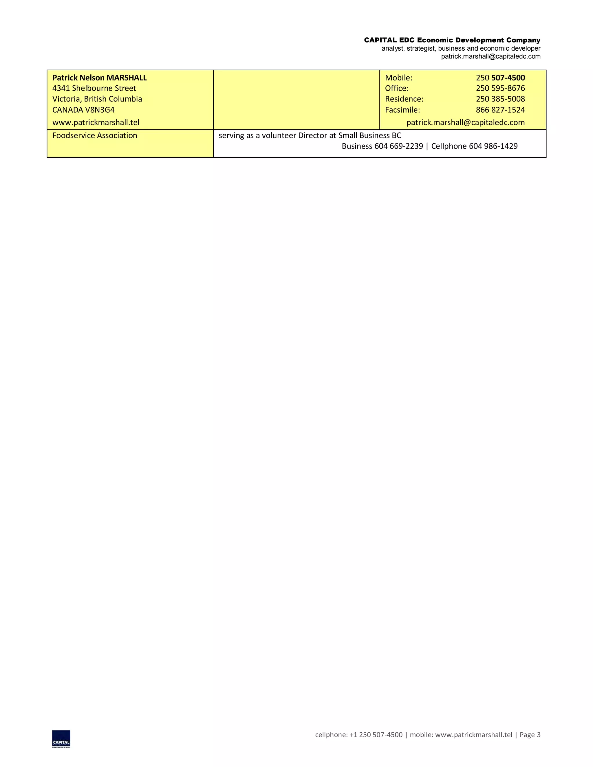 CAPITAL EDC Economic Development Company
analyst, strategist, business and economic developer
patrick.marshall@capitaledc.com
cellphone: +1 250 507-4500 | mobile: www.patrickmarshall.tel | Page 3
Patrick Nelson MARSHALL
4341 Shelbourne Street
Victoria, British Columbia
CANADA V8N3G4
www.patrickmarshall.tel
Mobile: 250 507-4500
Office: 250 595-8676
Residence: 250 385-5008
Facsimile: 866 827-1524
patrick.marshall@capitaledc.com
Foodservice Association serving as a volunteer Director at Small Business BC
Business 604 669-2239 | Cellphone 604 986-1429
 