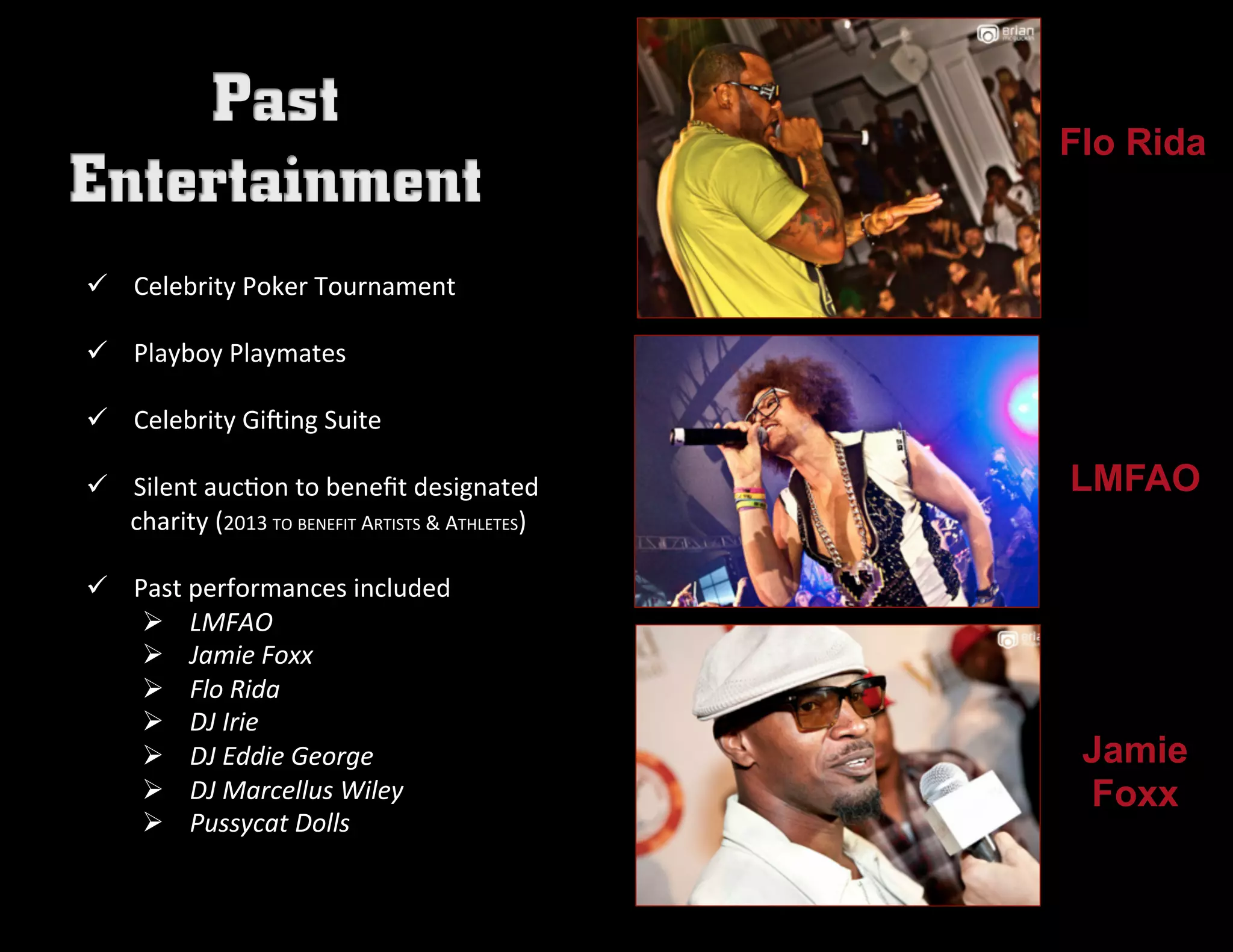 ü  	
  	
  Celebrity	
  Poker	
  Tournament	
  
ü  	
  	
  Playboy	
  Playmates	
  	
  
ü  	
  	
  Celebrity	
  GiUing	
  Suite	
  
ü  	
  	
  Silent	
  aucVon	
  to	
  beneﬁt	
  designated	
  	
  	
  	
  	
  
	
  	
  	
  	
  	
  	
  	
  charity	
  (2013	
  TO	
  BENEFIT	
  ARTISTS	
  &	
  ATHLETES)	
  
ü  	
  	
  Past	
  performances	
  included	
  
Ø  	
  	
  LMFAO	
  
Ø  	
  	
  Jamie	
  Foxx	
  
Ø  	
  	
  Flo	
  Rida	
  	
  
Ø  	
  	
  DJ	
  Irie	
  
Ø  	
  	
  DJ	
  Eddie	
  George	
  
Ø  	
  	
  DJ	
  Marcellus	
  Wiley	
  
Ø  	
  	
  Pussycat	
  Dolls	
  
Flo Rida
LMFAO
Jamie
Foxx
 