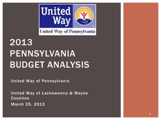 2013
PENNSYLVANIA
BUDGET ANALYSIS
United Way of Pennsylvania

United Way of Lackawanna & Wayne
Counties
March 25, 2013

                                   1
 