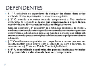 DEPENDENTES







§ 1º A existência de dependente de qualquer das classes deste artigo
exclui do direito às prestações os das classes seguintes.
§ 2º O enteado e o menor tutelado equiparam-se a filho mediante
declaração do segurado e desde que comprovada a dependência
econômica na forma estabelecida no Regulamento.
Redação anterior: § 2º Equiparam-se a filho, nas condições do inciso I,
mediante declaração do segurado: o enteado; o menor que, por
determinação judicial, esteja sob a sua guarda; e o menor que esteja sob
sua tutela e não possua condições suficientes para o próprio sustento e
educação.
§ 3º Considera-se companheira ou companheiro a pessoa que, sem ser
casada, mantém união estável com o segurado ou com a segurada, de
acordo com o § 3º do art. 226 da Constituição Federal.
§ 4º A dependência econômica das pessoas indicadas no inciso
I é presumida e a das demais deve ser comprovada.

 
