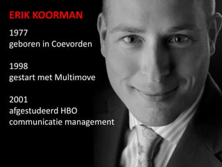 ERIK KOORMAN
1977
geboren in Coevorden
1998
gestart met Multimove
2001
afgestudeerd HBO
communicatie management
 