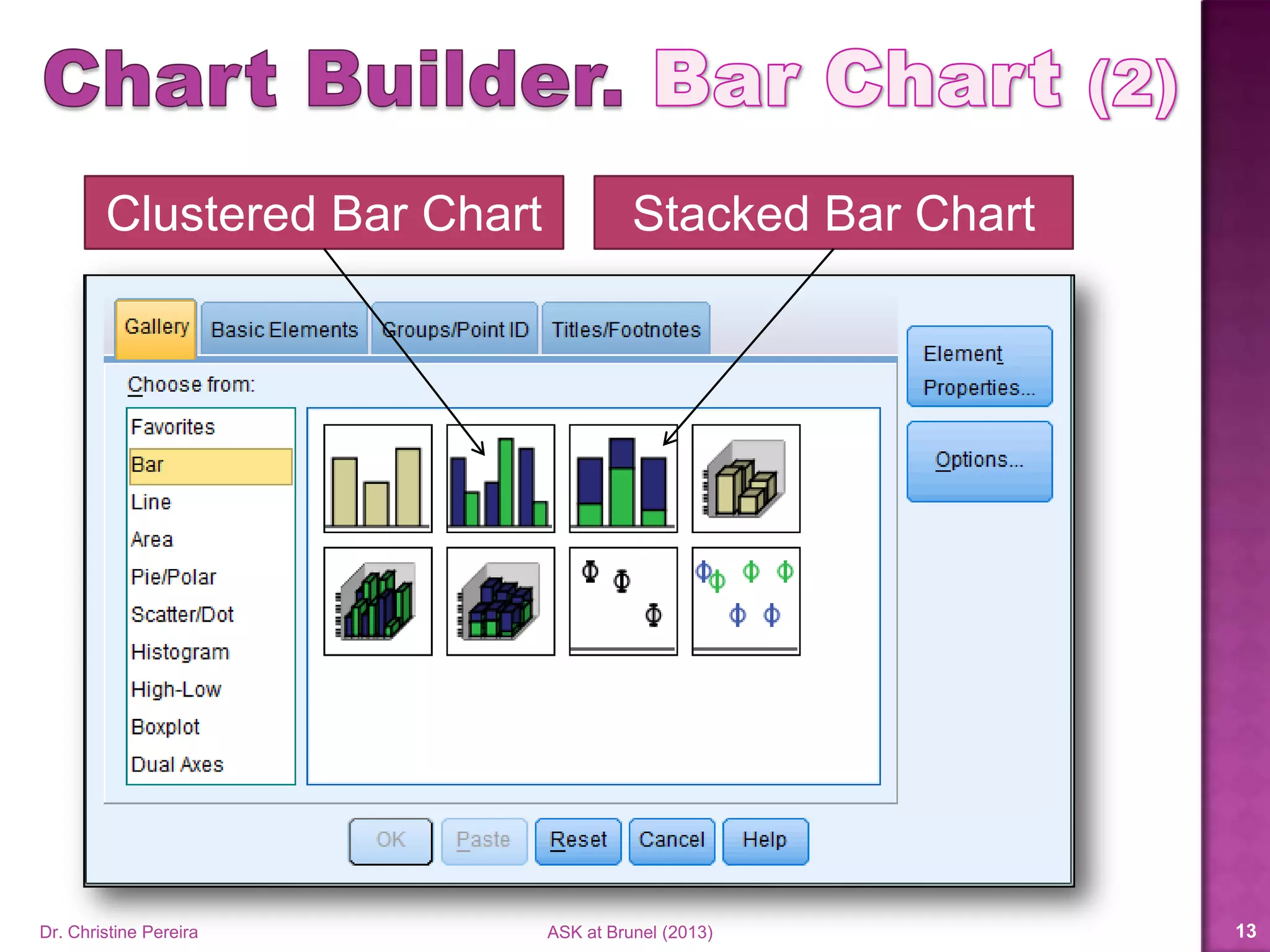 Clustered Bar Chart Stacked Bar Chart
Dr. Christine Pereira ASK at Brunel (2014) 13
 