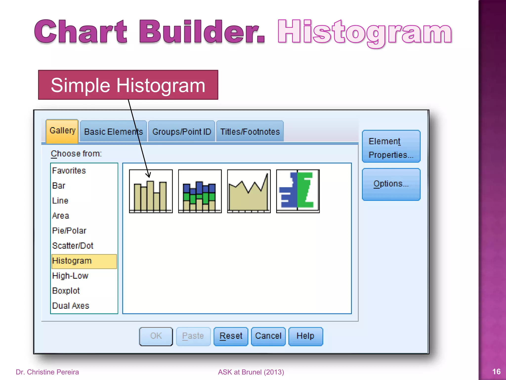 Simple Histogram
Dr. Christine Pereira ASK at Brunel (2014) 16
 