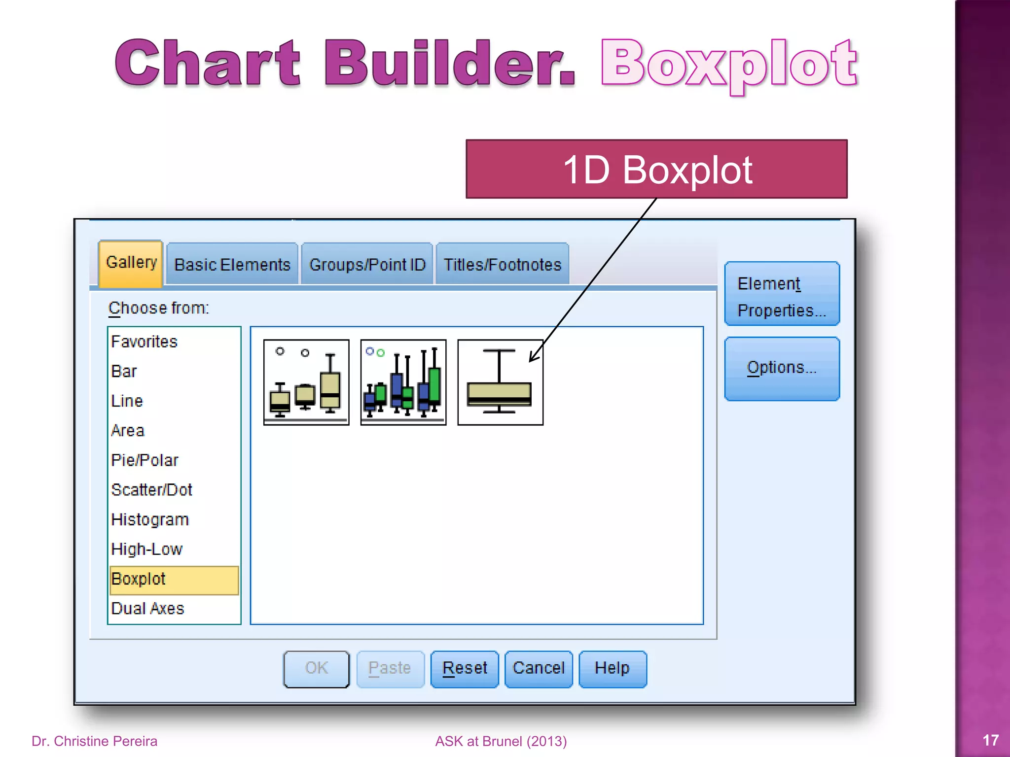 1D Boxplot
Dr. Christine Pereira ASK at Brunel (2014) 17
 