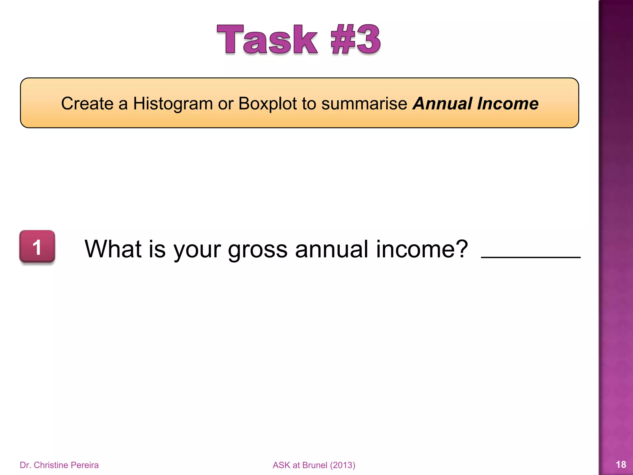 Create a Histogram or Boxplot to summarise Annual Income
What is your gross annual income?1
Dr. Christine Pereira ASK at Brunel (2014) 18
 