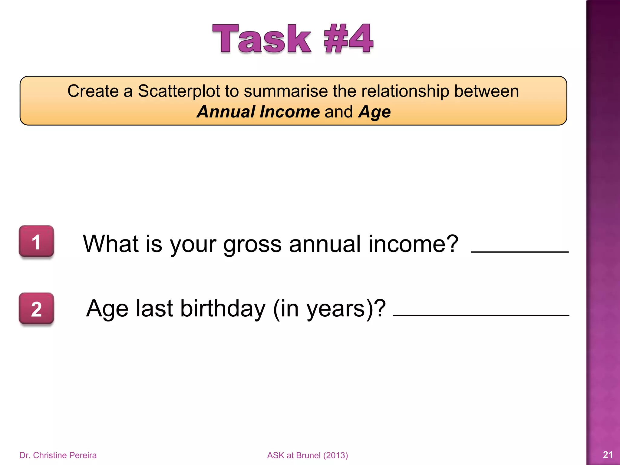 Create a Scatterplot to summarise the relationship between
Annual Income and Age
What is your gross annual income?1
Age last birthday (in years)?2
Dr. Christine Pereira ASK at Brunel (2014) 21
 