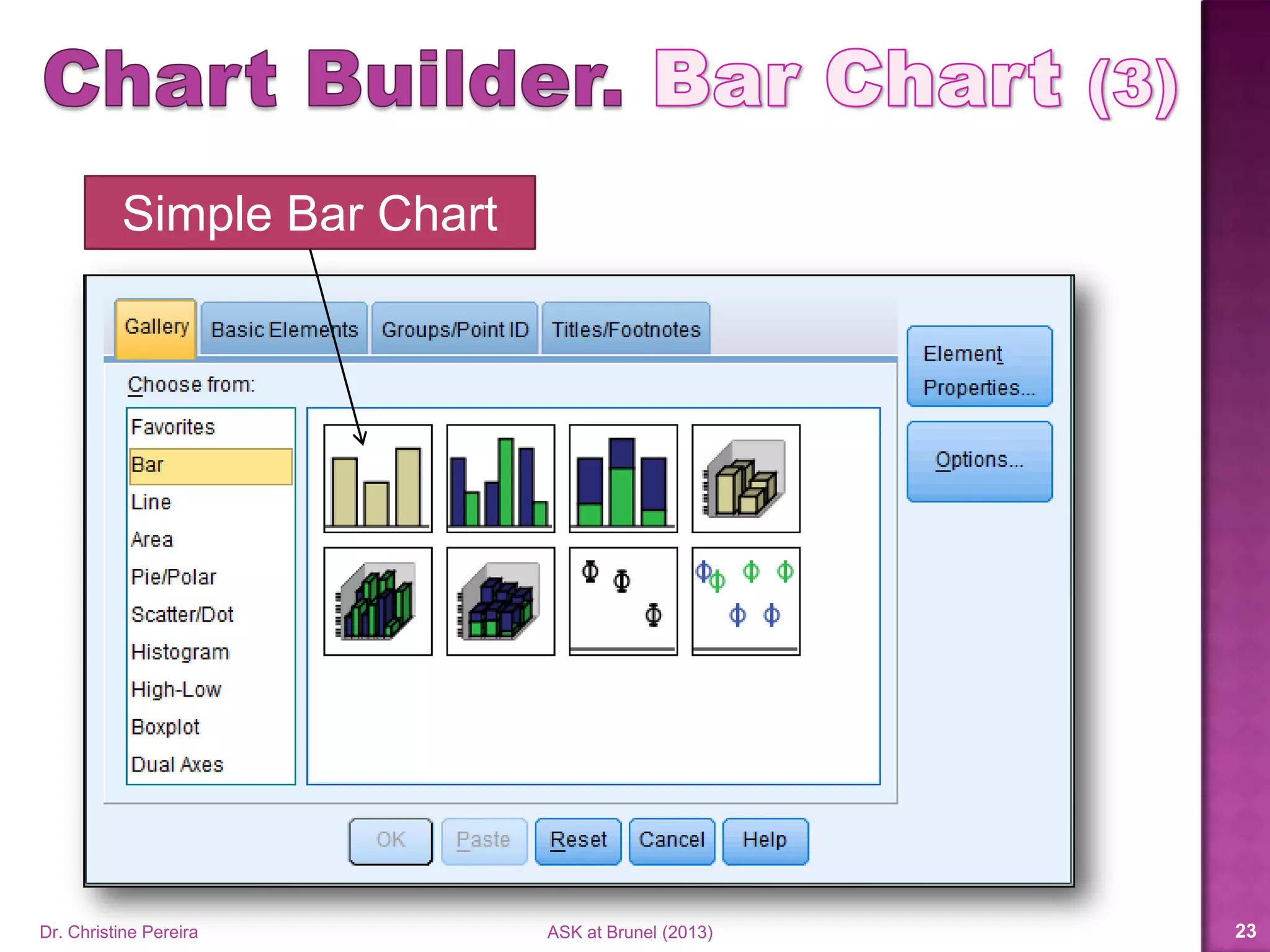 Simple Bar Chart
Dr. Christine Pereira ASK at Brunel (2014) 23
 