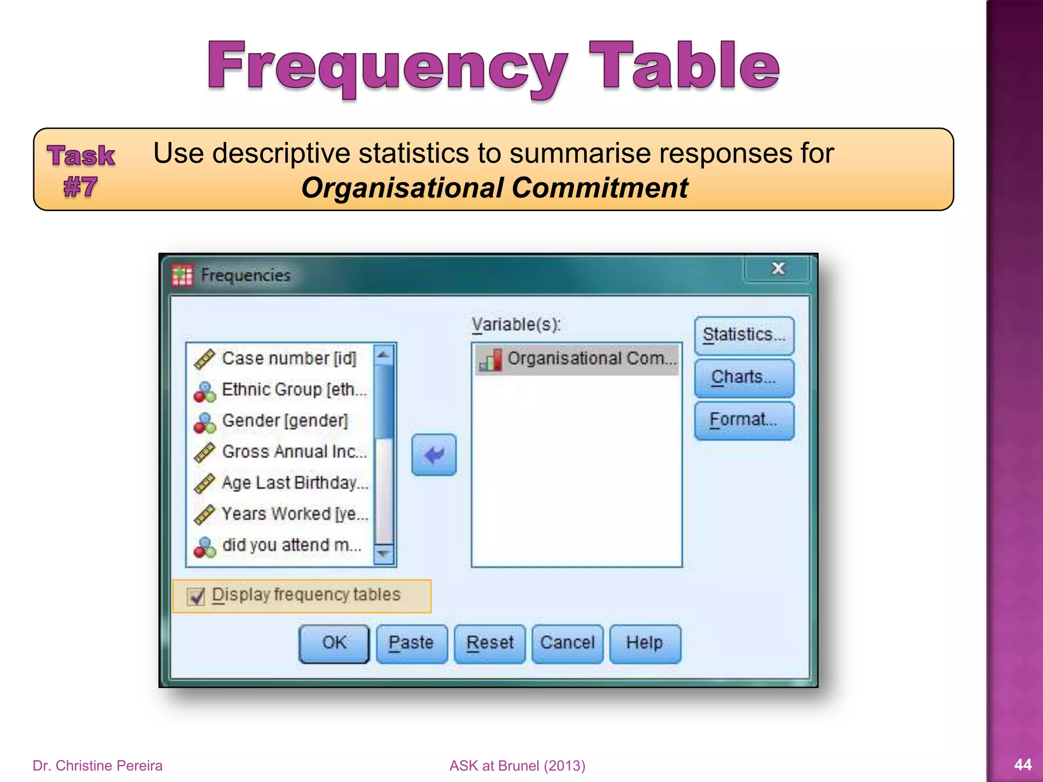 Dr. Christine Pereira ASK at Brunel (2014) 44
Use descriptive statistics to summarise responses for
Organisational Commitment
 