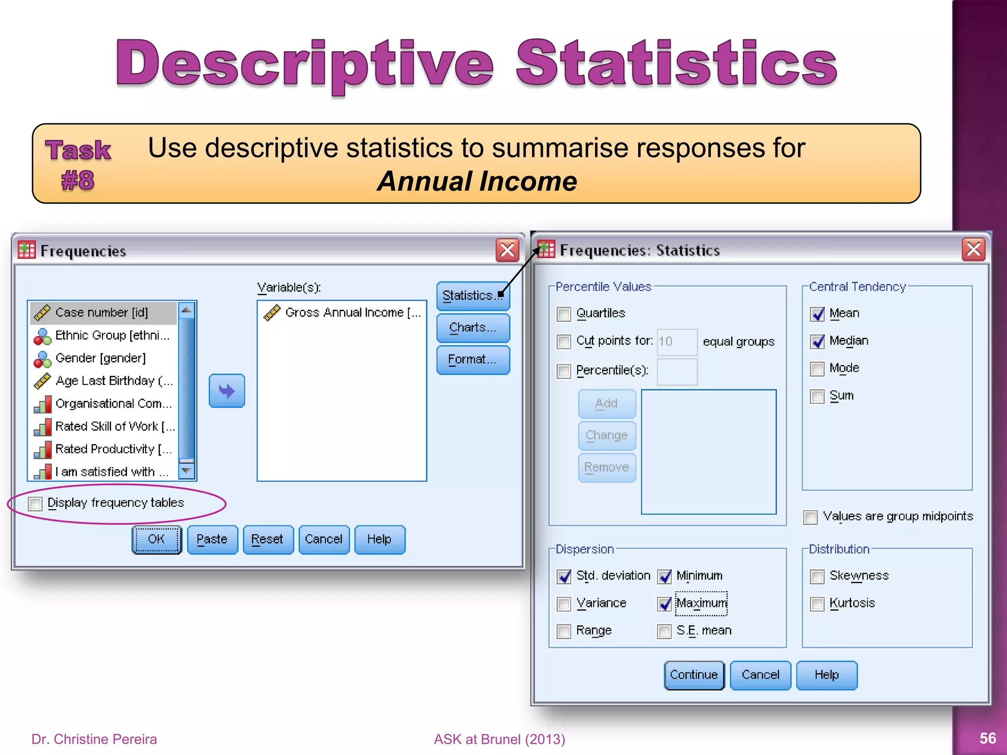 Use descriptive statistics to summarise responses for
Annual Income
Dr. Christine Pereira ASK at Brunel (2014) 56
 