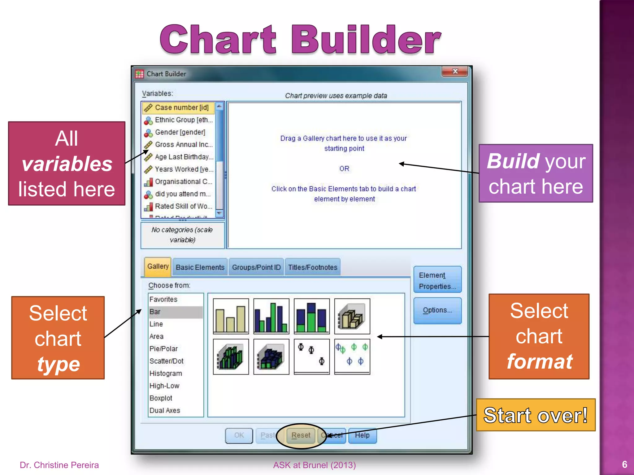 All
variables
listed here
Select
chart
type
Select
chart
format
Build your
chart here
Dr. Christine Pereira ASK at Brunel (2014) 6
 