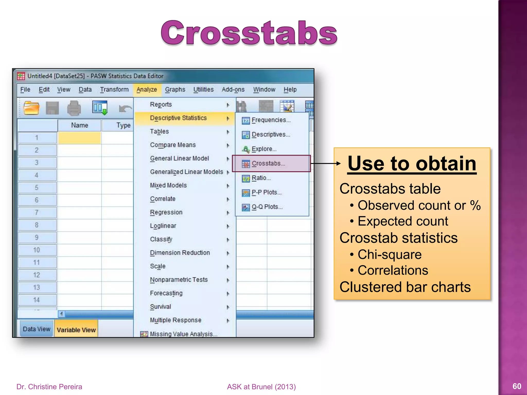 Use a cross tabulation table to summarise
Organisational Commitment by Gender
Dr. Christine Pereira ASK at Brunel (2014) 60
Observed count
Frequency observed
in the sample
 