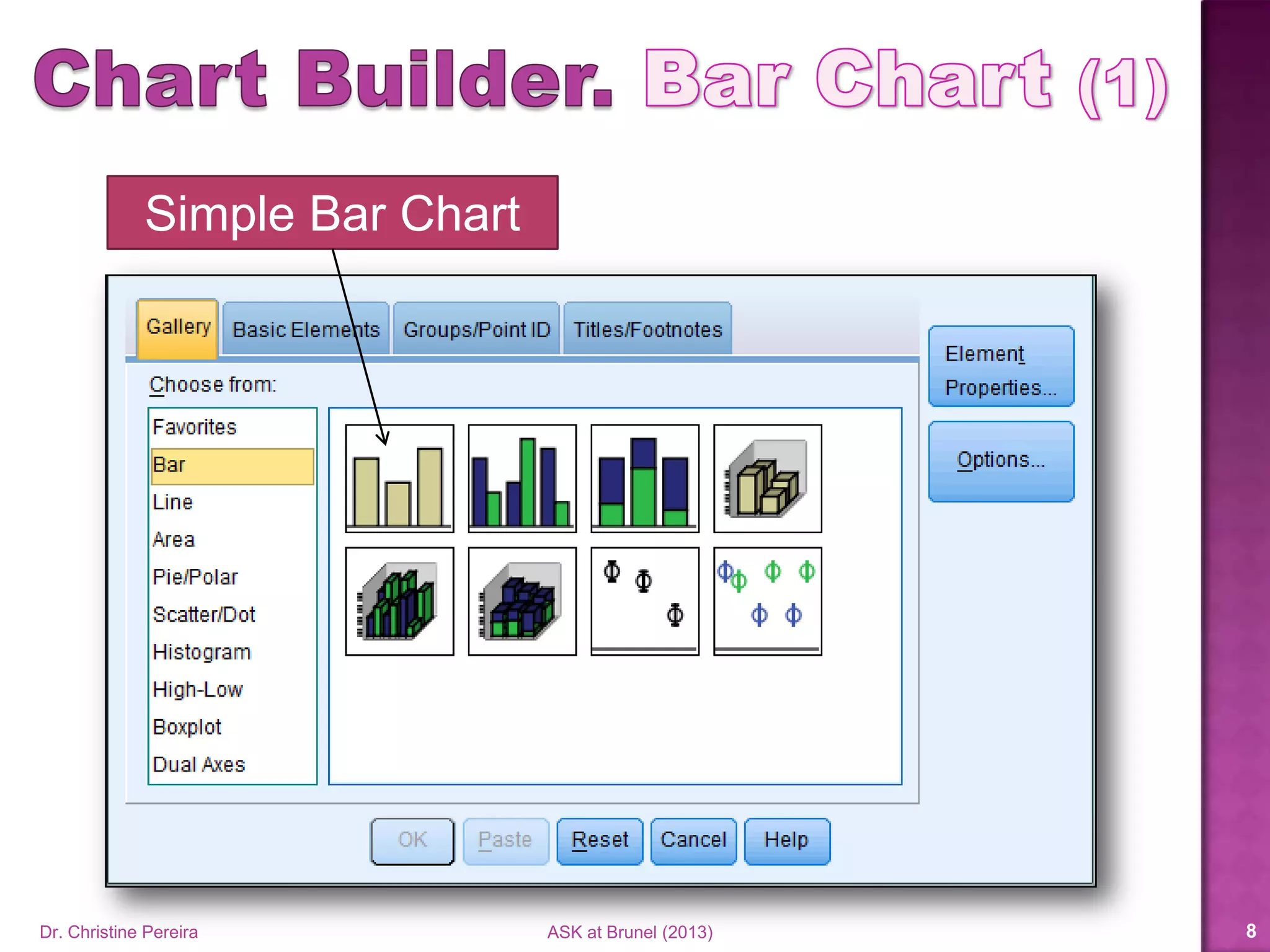 Simple Bar Chart
Dr. Christine Pereira ASK at Brunel (2014) 8
 