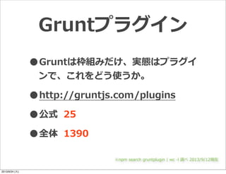 •Gruntは枠組みだけ、実態はプラグイ
ンで、これをどう使うか。
•http://gruntjs.com/plugins
•公式 25
•全体 1390
※npm  search  gruntplugin  |  wc  -‐‑‒l  調べ  2013/9/12現在
Gruntプラグイン
2013/9/24 (火)
 