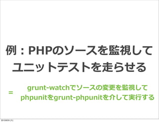 例例：PHPのソースを監視して
ユニットテストを⾛走らせる
grunt-‐‑‒watchでソースの変更更を監視して
phpunitをgrunt-‐‑‒phpunitを介して実⾏行行する
＝
2013/9/24 (火)
 