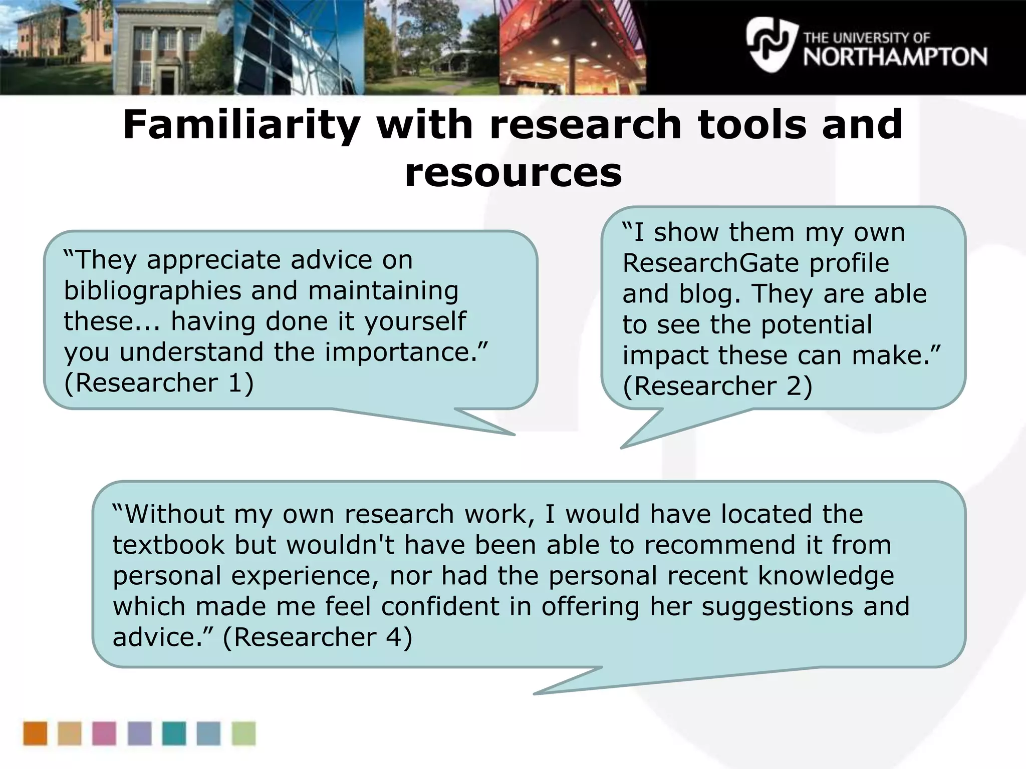 Familiarity with research tools and
resources
“Without my own research work, I would have located the
textbook but wouldn't have been able to recommend it from
personal experience, nor had the personal recent knowledge
which made me feel confident in offering her suggestions and
advice.” (Researcher 4)
“They appreciate advice on
bibliographies and maintaining
these... having done it yourself
you understand the importance.”
(Researcher 1)
“I show them my own
ResearchGate profile
and blog. They are able
to see the potential
impact these can make.”
(Researcher 2)
 