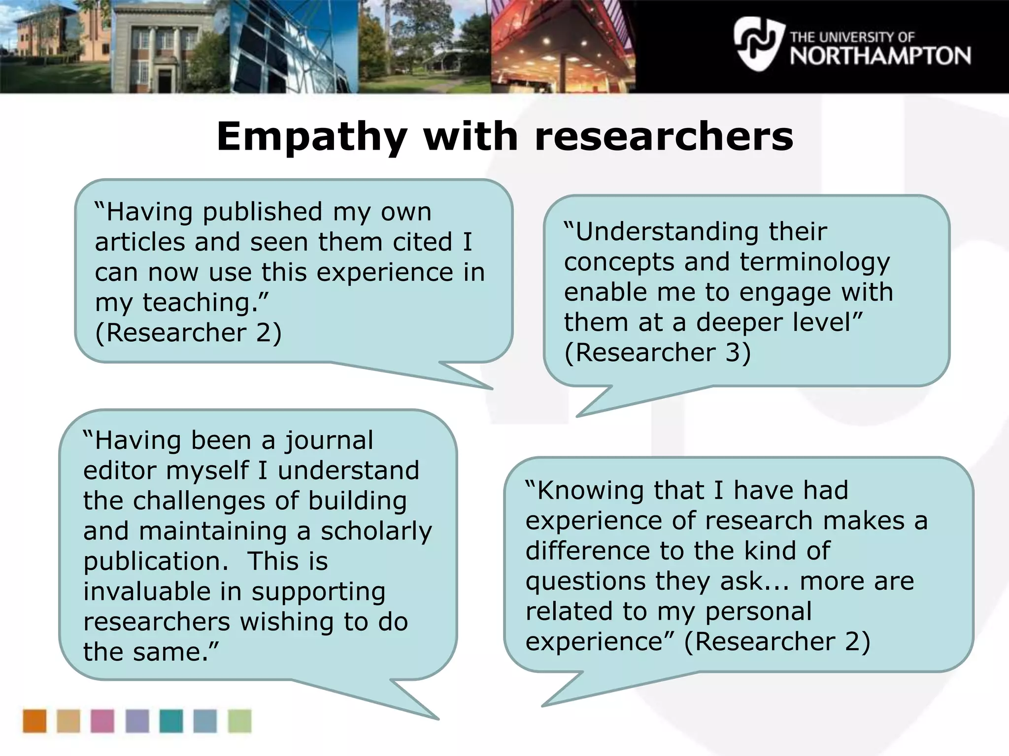 Empathy with researchers
“Having published my own
articles and seen them cited I
can now use this experience in
my teaching.”
(Researcher 2)
“Understanding their
concepts and terminology
enable me to engage with
them at a deeper level”
(Researcher 3)
“Knowing that I have had
experience of research makes a
difference to the kind of
questions they ask... more are
related to my personal
experience” (Researcher 2)
“Having been a journal
editor myself I understand
the challenges of building
and maintaining a scholarly
publication. This is
invaluable in supporting
researchers wishing to do
the same.”
 
