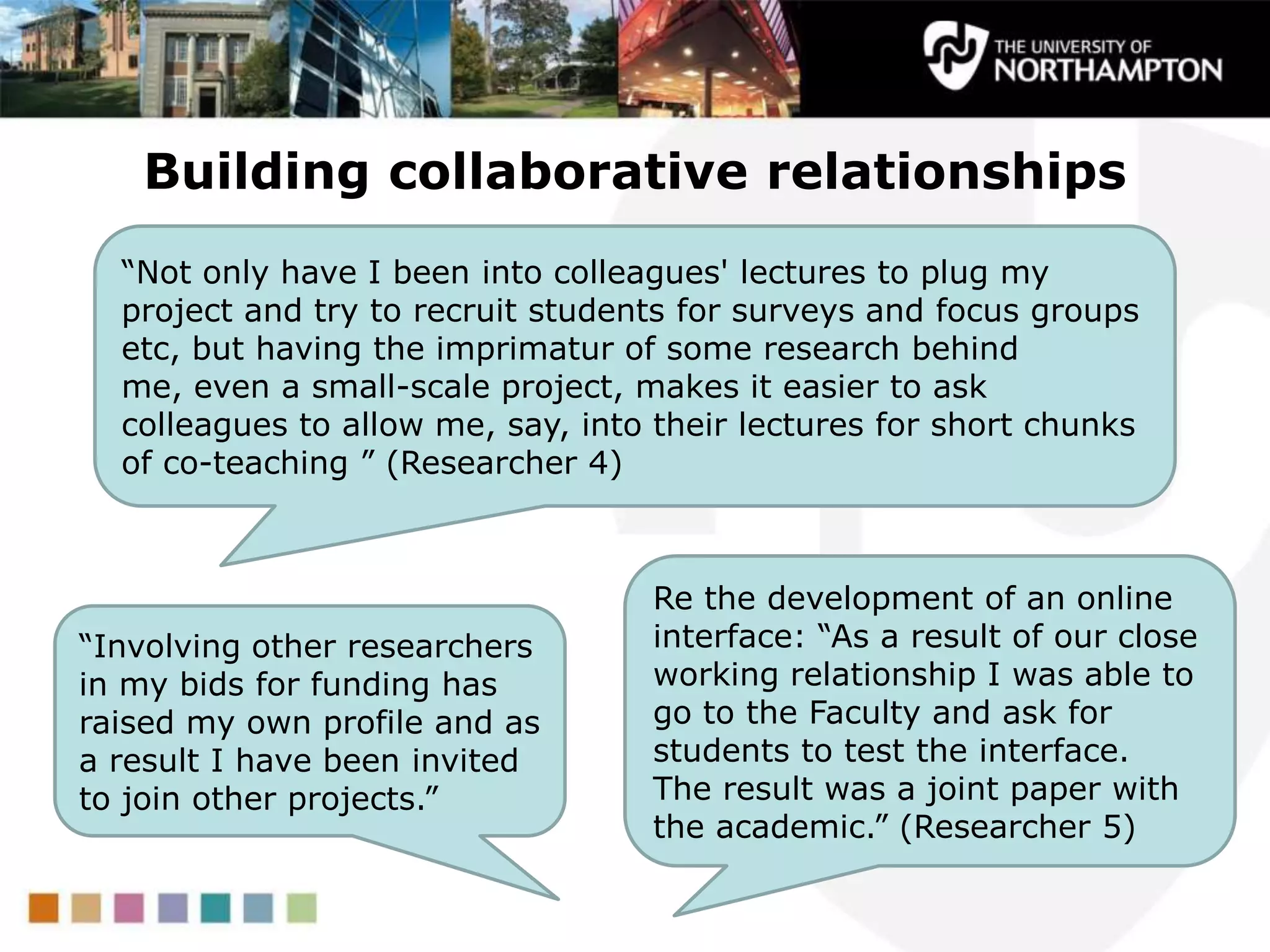 Building collaborative relationships
“Not only have I been into colleagues' lectures to plug my
project and try to recruit students for surveys and focus groups
etc, but having the imprimatur of some research behind
me, even a small-scale project, makes it easier to ask
colleagues to allow me, say, into their lectures for short chunks
of co-teaching ” (Researcher 4)
Re the development of an online
interface: “As a result of our close
working relationship I was able to
go to the Faculty and ask for
students to test the interface.
The result was a joint paper with
the academic.” (Researcher 5)
“Involving other researchers
in my bids for funding has
raised my own profile and as
a result I have been invited
to join other projects.”
 