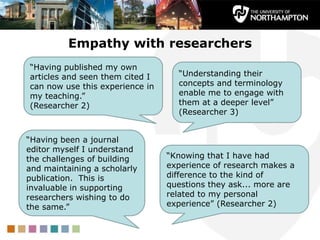 Empathy with researchers
“Having published my own
articles and seen them cited I
can now use this experience in
my teachin...