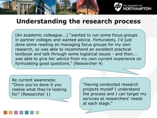 Understanding the research process
[An academic colleague...] “wanted to run some focus groups
in partner colleges and wan...
