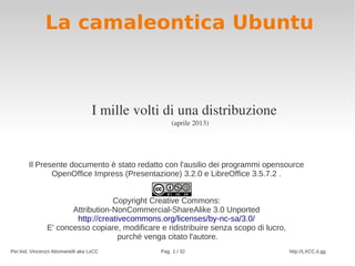 La camaleontica Ubuntu



                                   I mille volti di una distribuzione
                                                   (aprile 2013)




       Il Presente documento è stato redatto con l'ausilio dei programmi opensource
              OpenOffice Impress (Presentazione) 3.2.0 e LibreOffice 3.5.7.2 .


                                  Copyright Creative Commons:
                      Attribution-NonCommercial-ShareAlike 3.0 Unported
                       http://creativecommons.org/licenses/by-nc-sa/3.0/
               E' concesso copiare, modificare e ridistribuire senza scopo di lucro,
                                    purché venga citato l'autore.
Per.Ind. Vincenzo Attomanelli aka LxCC         Pag. 1 / 32                             http://LXCC.it.gg
 