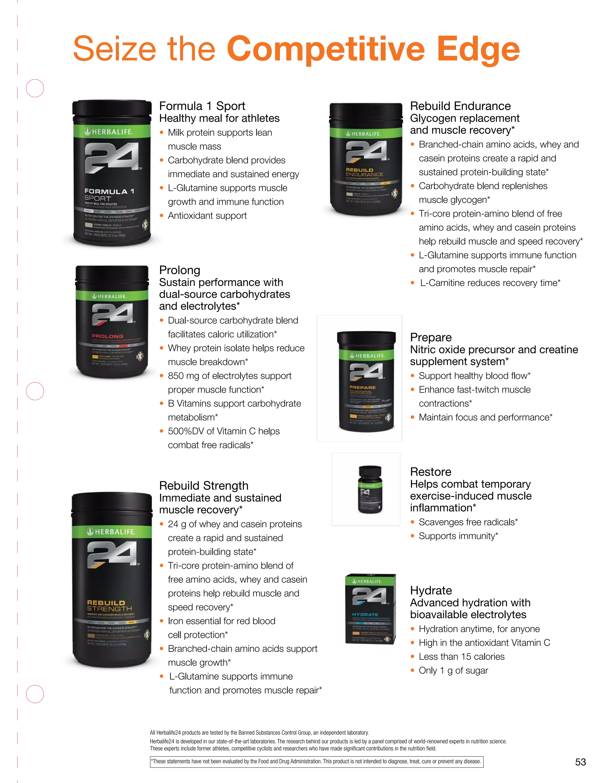 53
All Herbalife24 products are tested by the Banned Substances Control Group, an independent laboratory.
Herbalife24 is developed in our state-of-the-art laboratories. The research behind our products is led by a panel comprised of world-renowned experts in nutrition science.
These experts include former athletes, competitive cyclists and researchers who have made significant contributions in the nutrition field.
Formula 1 Sport
Healthy meal for athletes
•	 Milk protein supports lean
	 muscle mass
• 	Carbohydrate blend provides
	 immediate and sustained energy
•	 L-Glutamine supports muscle
	 growth and immune function
•	 Antioxidant support
Prolong
Sustain performance with
dual-source carbohydrates
and electrolytes*
•	 Dual-source carbohydrate blend
	 facilitates caloric utilization*
•	 Whey protein isolate helps reduce
	 muscle breakdown*
• 	850 mg of electrolytes support
	 proper muscle function*
• 	B Vitamins support carbohydrate
	metabolism*
•	 500%DV of Vitamin C helps
	 combat free radicals*
Rebuild Strength
Immediate and sustained
muscle recovery*
• 	24 g of whey and casein proteins
	 create a rapid and sustained
	 protein-building state*
• 	Tri-core protein-amino blend of
	 free amino acids, whey and casein
	 proteins help rebuild muscle and
	 speed recovery*
•	 Iron essential for red blood
	 cell protection*
•	 Branched-chain amino acids support
	 muscle growth*
•	 L-Glutamine supports immune
	 function and promotes muscle repair*
Rebuild Endurance
Glycogen replacement
and muscle recovery*
• 	Branched-chain amino acids, whey and
	 casein proteins create a rapid and
	 sustained protein-building state*
•	 Carbohydrate blend replenishes
	 muscle glycogen*
•	 Tri-core protein-amino blend of free
	 amino acids, whey and casein proteins
	 help rebuild muscle and speed recovery*
• 	L-Glutamine supports immune function
	 and promotes muscle repair*
•	 L-Carnitine reduces recovery time*
Prepare
Nitric oxide precursor and creatine
supplement system*
• 	Support healthy blood flow*
• 	Enhance fast-twitch muscle
	contractions*
• 	Maintain focus and performance*
Restore
Helps combat temporary
exercise-induced muscle
inflammation*
•	 Scavenges free radicals*
• 	Supports immunity*
Hydrate
Advanced hydration with
bioavailable electrolytes
•	 Hydration anytime, for anyone
• 	High in the antioxidant Vitamin C
•	 Less than 15 calories
• 	Only 1 g of sugar
Seize the Competitive Edge
*These statements have not been evaluated by the Food and Drug Administration. This product is not intended to diagnose, treat, cure or prevent any disease.
 