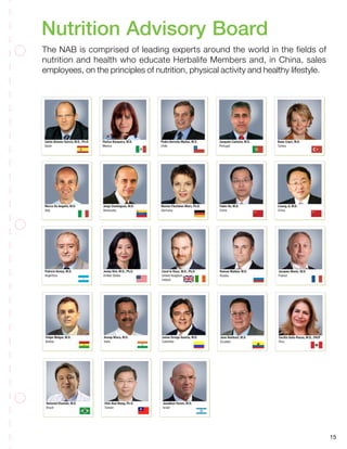 Nutrition Advisory BoardNutrition Advisory B
sory Board
Nutrition Advis
Advisory Board
Nutrition
trition Advisory Board
Board
15
Nutrition Advisory Board
The NAB is comprised of leading experts around the world in the fields of
nutrition and health who educate Herbalife Members and, in China, sales
employees, on the principles of nutrition, physical activity and healthy lifestyle.
 