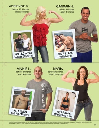 ADRIENNE V.
before: 35.5 inches
after: 24 inches
GARRAIN J.
before: 35 inches
after: 31 inches
lost 4 inches,
10.4% body fat
An extensive questionnaire generated responses from more than 200 U.S. Herbalife Independent Members about their weight-loss programs and results. They reported weight loss ranging from 4 pounds to 167 pounds and a reduced body
mass index (BMI) of 1.5 points to 24.1 points, suggesting that consumption of Herbalife®
products is associated with weight loss and improvement in BMI in those ranges.
23
VINNIE L.
before: 38 inches
after: 32 inches
lost 6 inches,Body Fat: 24% to 9%
lost 2 inches,Body Fat: 24% to 17%
MARIA
before: 26 inches
after: 24 inches
lost 11.5 inches,
Body Fat: 24% to 12%
 