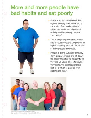 3
More and more people have
bad habits and eat poorly
•		North America has some of the
highest obesity rates in the world
for adults. The combination of
a bad diet and minimal physical
activity are the primary causes
for obesity.1
•		The average city in North America
has an obesity rate of 30 percent or
higher meaning that AT LEAST one
in three people are obese.2
•		People in North America generally
don’t prepare meals and sit down
for dinner together as frequently as
they did 20 years ago. Moreover,
they consume significantly more
fast food which is packed with
sugars and fats.3
1.
Oregon Health & Science University website. What is Obesity?
2.
Centers for Disease Control and Prevention: Trends by State 1985-2009.
3.
Office of the Surgeon General: Overweight and Obesity: Health Consequences.
 
