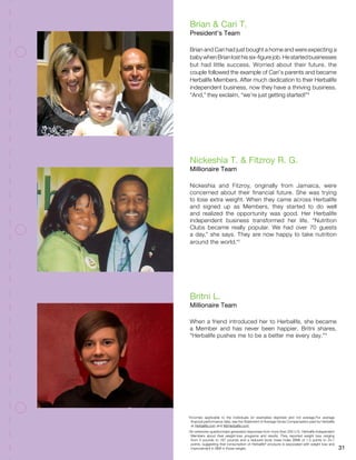 31
Nickeshia and Fitzroy, originally from Jamaica, were
concerned about their financial future. She was trying
to lose extra weight. When they came across Herbalife
and signed up as Members, they started to do well
and realized the opportunity was good. Her Herbalife
independent business transformed her life. “Nutrition
Clubs became really popular. We had over 70 guests
a day,” she says. They are now happy to take nutrition
around the world.*†
Brian and Cari had just bought a home and were expecting a
babywhenBrianlosthissix-figurejob.Hestartedbusinesses
but had little success. Worried about their future, the
couple followed the example of Cari’s parents and became
Herbalife Members. After much dedication to their Herbalife
independent business, now they have a thriving business.
“And,” they exclaim, “we’re just getting started!”*
Brian  Cari T.
President’s Team
Nickeshia T.  Fitzroy R. G.
Millionaire Team
When a friend introduced her to Herbalife, she became
a Member and has never been happier. Britni shares,
“Herbalife pushes me to be a better me every day.”*
Britni L.
Millionaire Team
*Incomes applicable to the individuals (or examples) depicted and not average.For average
financial performance data, see the Statement of Average Gross Compensation paid by Herbalife
at Herbalife.com and MyHerbalife.com.
†
An extensive questionnaire generated responses from more than 200 U.S. Herbalife Independent
Members about their weight-loss programs and results. They reported weight loss ranging
from 4 pounds to 167 pounds and a reduced body mass index (BMI) of 1.5 points to 24.1
points, suggesting that consumption of Herbalife®
products is associated with weight loss and
improvement in BMI in those ranges.
 