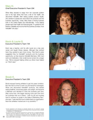 When Mary decided to resign from her corporate position
due to the high stress that took a toll on her health, she
discovered Herbalife. After seeing positive product results,
she wanted to spread the word about the products and the
business opportunity. Today, Mary leads a thriving business
both in the United States and internationally. “I love helping
people reach their health and financial goals. I’m grateful for the
freedom, flexibility and income that the business provides. I love
Herbalife!” she says.*
Kevin was a teacher, and his wife Laurie ran a day care
center and taught fitness classes. Although they worked
hard, they wanted to earn more money. Then Kevin’s sister
suggested they try Herbalife®
products and the business
opportunity, so they became Herbalife Members. With hard
work and dedication, their small income turned into a larger
one. “We’ve enjoyed helping others as others have helped
us,” Kevin says.*
Mary H.
Chief Executive President’s Team 20K
Kevin  Laurie G.
Executive President’s Team 15K
Brook enjoyed training athletes to get into peak condition.
But she had no time to work out and became overweight.
When she discovered Herbalife®
products, she started
eating healthier, excercising again, lost weight, and became
a Member and decided to work the business part time.
After some time, she began earning more part time from
her business than as a trainer. “I left my job and worked
hard to achieve my goals in the Sales  Marketing Plan,”
she says. “I also learned how to better lead my organization.
Now two athletes I trained are in my downline.”*†
Brook K.
Executive President’s Team 20K
*Incomes applicable to the individuals (or examples) depicted and not average.For average
financial performance data, see the Statement of Average Gross Compensation paid by Herbalife
at Herbalife.com and MyHerbalife.com.
†
An extensive questionnaire generated responses from more than 200 U.S. Herbalife Independent
Members about their weight-loss programs and results. They reported weight loss ranging
from 4 pounds to 167 pounds and a reduced body mass index (BMI) of 1.5 points to 24.1
points, suggesting that consumption of Herbalife®
products is associated with weight loss and
improvement in BMI in those ranges.32
 