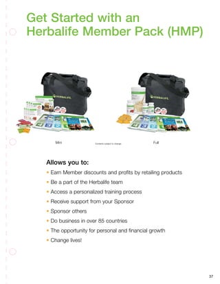 37
Contents subject to change. FullMini
Get Started with an
Herbalife Member Pack (HMP)
Allows you to:
• Earn Member discounts and profits by retailing products
• Be a part of the Herbalife team
• Access a personalized training process
• Receive support from your Sponsor
• Sponsor others
• Do business in over 85 countries
• The opportunity for personal and financial growth
• Change lives!
 