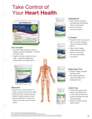 *These statements have not been evaluated by the Food and Drug Administration. This product is not intended to diagnose, treat, cure or prevent any disease. 45
Take Control of
Your Heart Health
Core Complex
•	 Convenient daily packettes contain six
	 softgels, including Herbalifeline®
, Tri-Shield®
	
	 and CoQ10 Plus
•	 Target the four key indicators of heart
	 health – cholesterol, triglycerides, 		
	 homocysteine and oxidative stress
Herbalifeline®
• 	Helps maintain cholesterol
	 and triglyceride levels already 		
	 within a normal range*
•	 Vitamin E provides
	 antioxidant support*
Tri-Shield®
•	 Provides nutrition for your heart
	 with this formula containing
	 100% pure Neptune Krill Oil
	(NKO®†
)
•	 Helps maintain healthy 			
	 cholesterol levels already 		
	 within a normal range
	 with three heart-healthy 		
	compounds*
Mega Garlic Plus
•	 Supports healthy circulation
	 and heart health*
•	 Each tablet supplies the 		
	 powerful benefits of one 		
	 whole garlic clove
CoQ10 Plus
•	 CoQ10 helps support heart
	 health by providing energy
	 to heart cells and serves as a
	 powerful antioxidant and free-
	 radical scavenger*
•	 Vitamin D supports general 		
	 health benefits*
Niteworks®
• Supports nitric oxide production for
energy, vascular and circulatory health*
• Helps keep blood vessels toned and
flexible for healthy vascular function*
• Supports blood flow to support the
function of the heart, brain and other
organs*
†
NKO®
is a registered trademark of Neptune Technologies and Bioressources, Inc.
‡
Source: http://www.ncbi.nlm.nih.gov/pubmed/10479465, “Health benefits of docosahexaeonic acid (DHA)”.
 