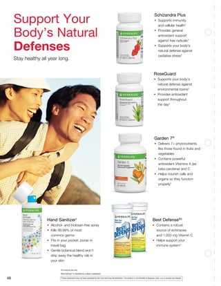 Garden 7®
•	 Delivers 7+ phytonutrients
like those found in fruits and
vegetables
•	 Contains powerful
antioxidant Vitamins A (as
beta-carotene) and C
•	 Helps nourish cells and
organs so they function
properly*
48
Hand Sanitizer†
•	 Alcohol- and triclosan-free spray
•	 Kills 99.99% of most
	 common germs
•	 Fits in your pocket, purse or
	 travel bag
•	 Gentle botanical blend won’t
	 strip away the healthy oils in 		
	 your skin
Schizandra Plus
•	 Supports immunity
	 and cellular health*
•	 Provides general
	 antioxidant support
	 against free radicals*
•	 Supports your body’s
	 natural defense against 	
	 oxidative stress*
†
For external use only.
‡
Best Defense®
is classified as a dietary supplement.
Best Defense®‡
•	 Contains a robust
	 source of echinacea
	 and 1,000 mg Vitamin C
•	 Helps support your
	 immune system*
RoseGuard
•	 Supports your body’s
	 natural defense against 	
	 environmental toxins*
•	 Provides antioxidant
	 support throughout
	 the day*
Support Your
Body’s Natural
Defenses
Stay healthy all year long.
*These statements have not been evaluated by the Food and Drug Administration. This product is not intended to diagnose, treat, cure or prevent any disease.
 